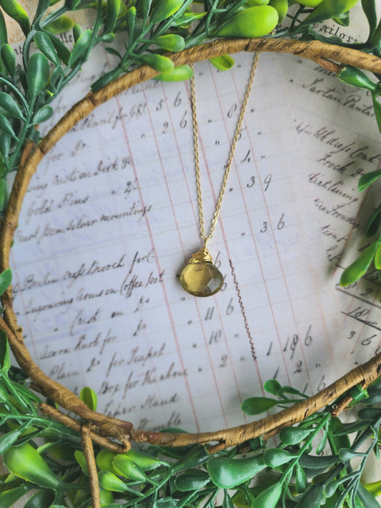 Olive Green Quartz Necklace on Gold Filled Chain