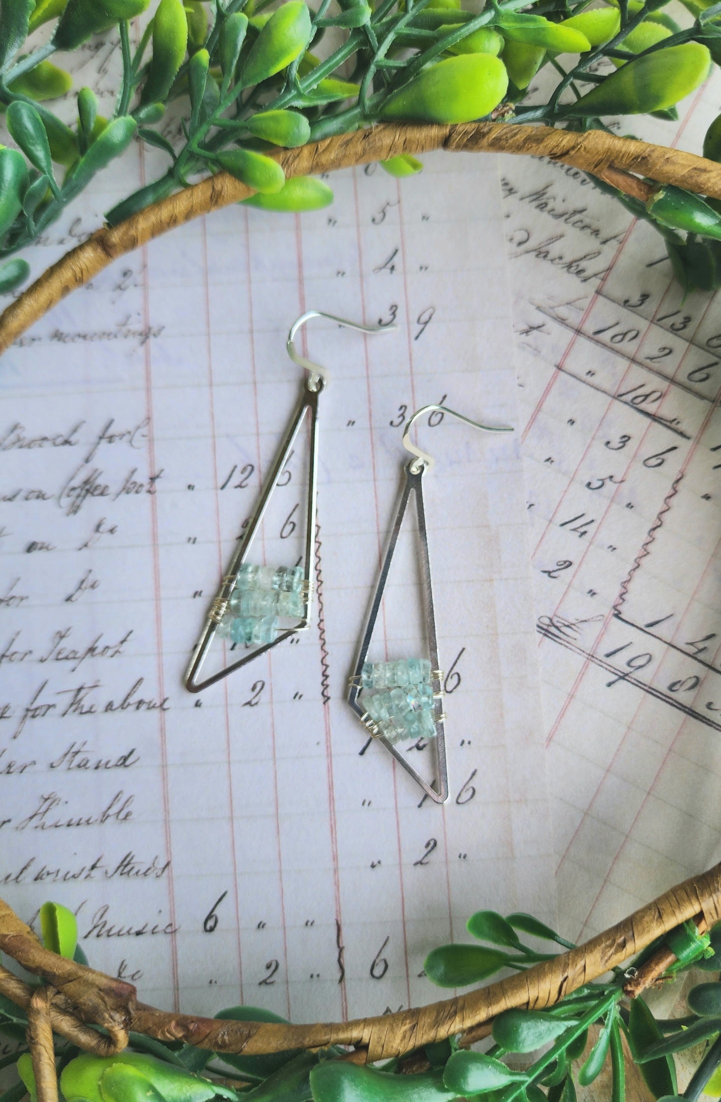 Triangle Drop Earrings with Aquamarine (Silver)