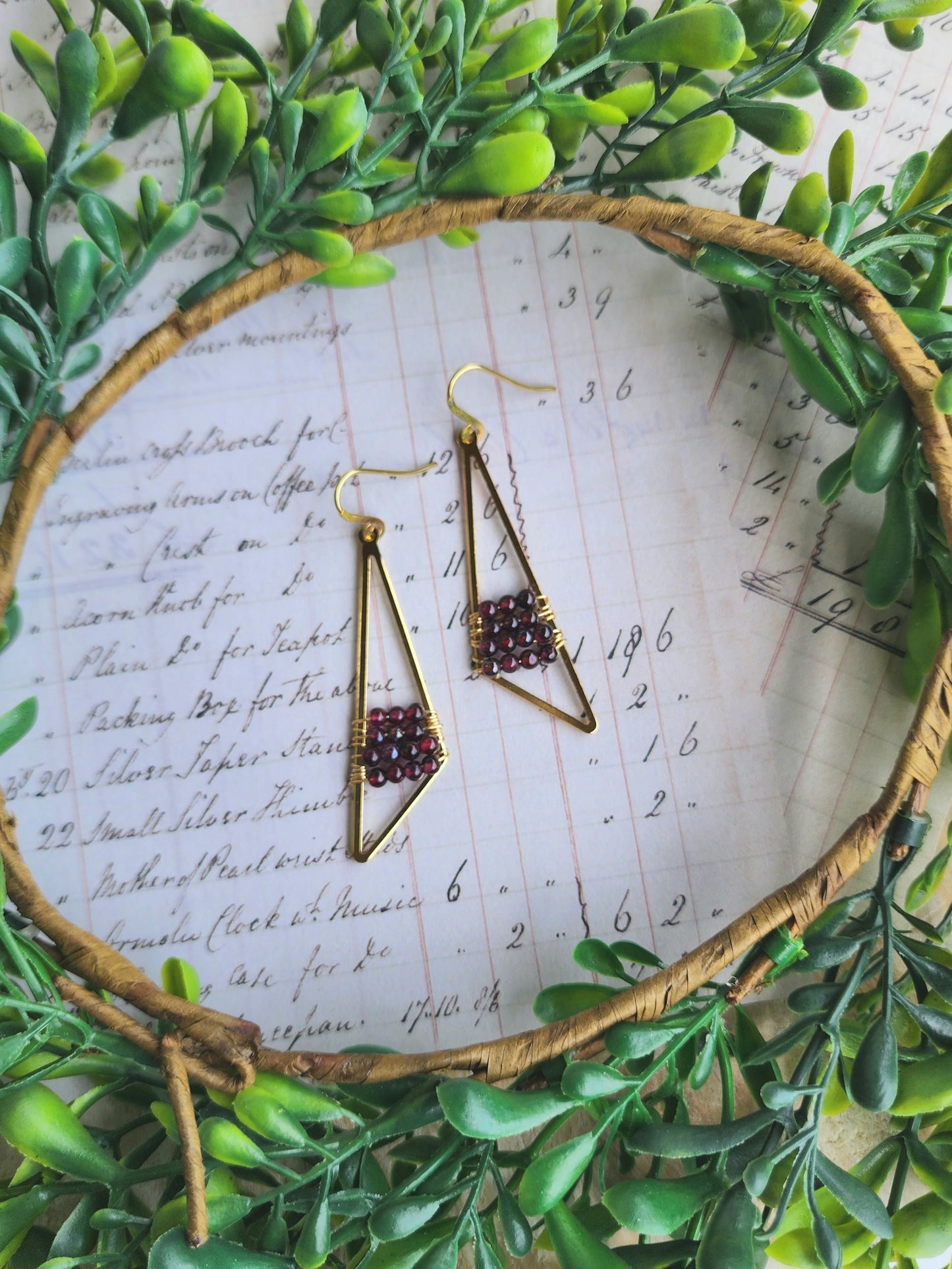Triangle Drop Earrings with Garnet (Gold)