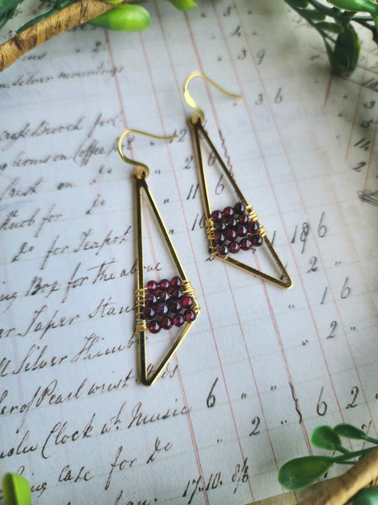 Triangle Drop Earrings with Garnet (Gold)