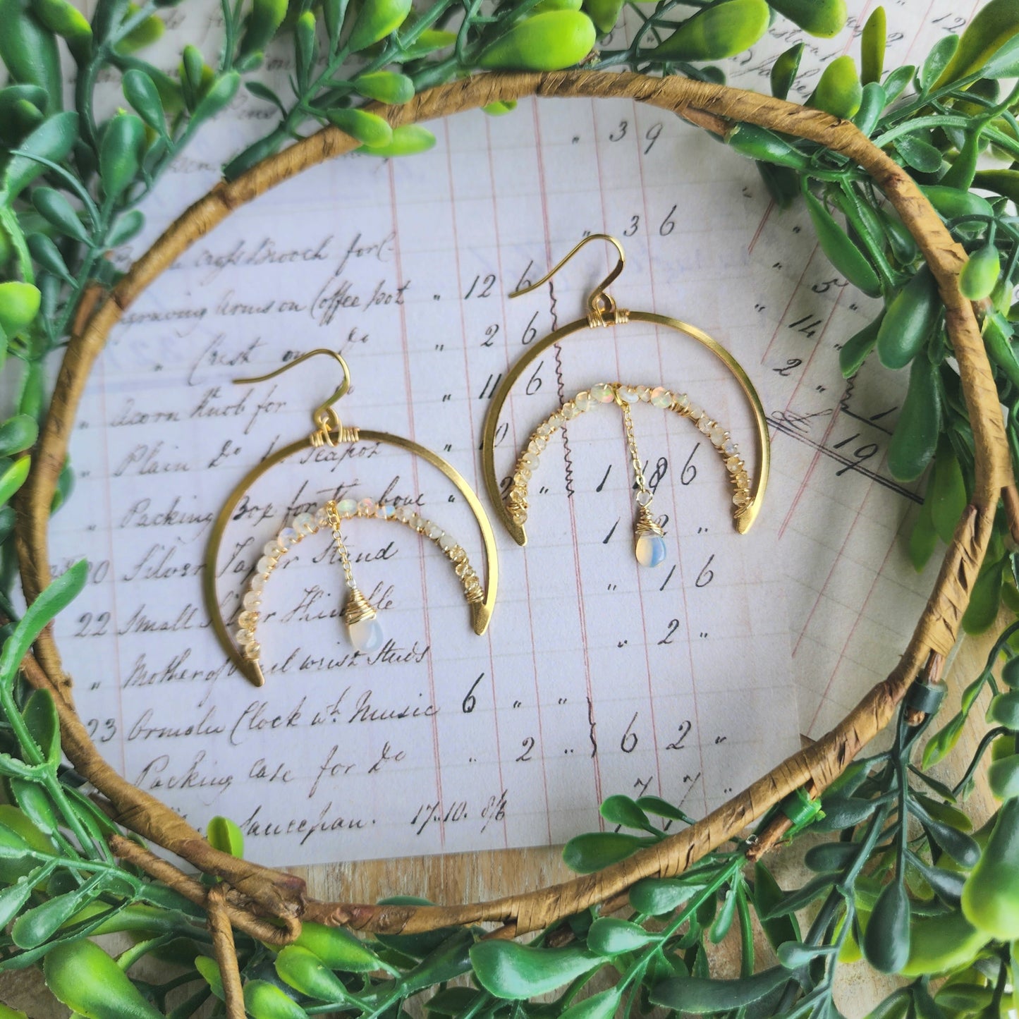 Opal and Moonstone Crescent Moon Earrings