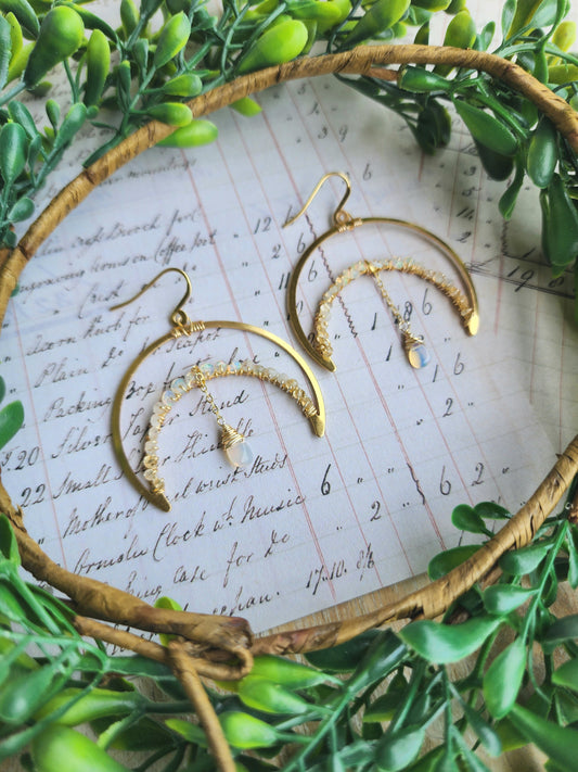 Opal and Moonstone Crescent Moon Earrings