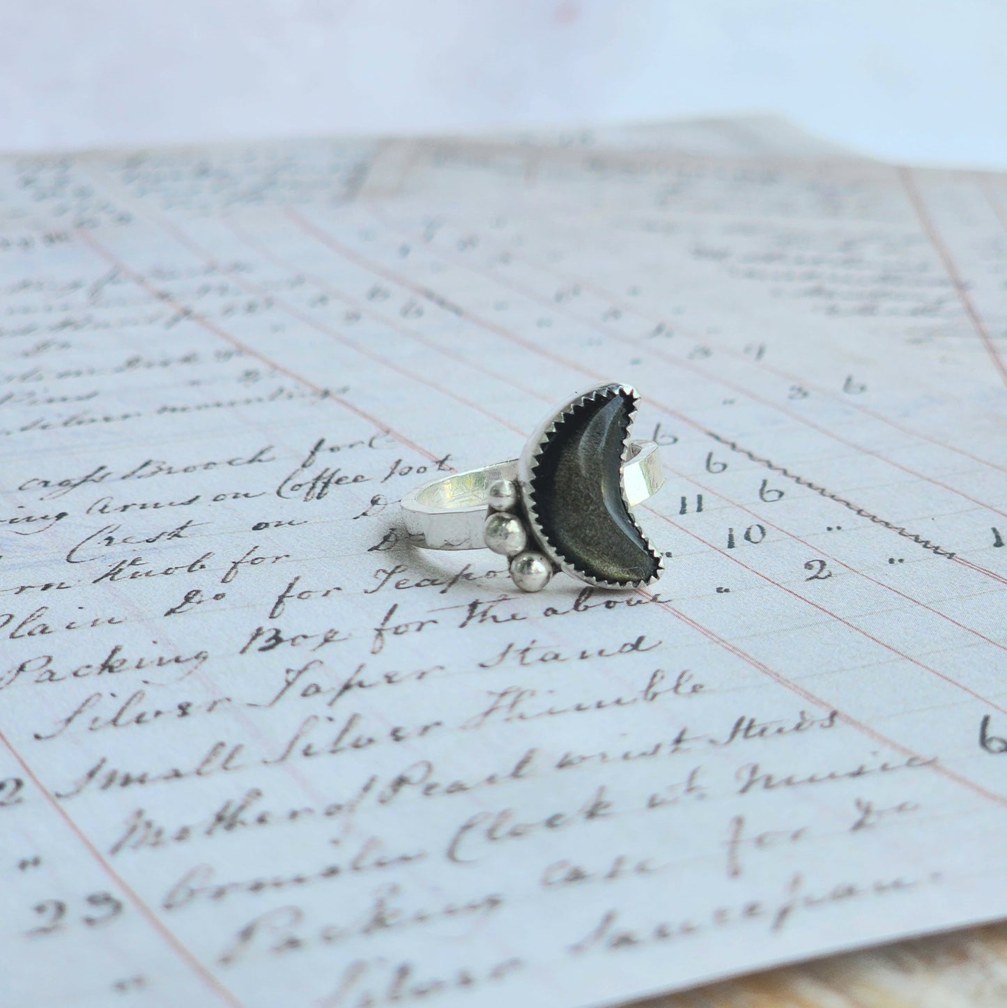 Golden Sheen Obsidian Moon Ring Size 8