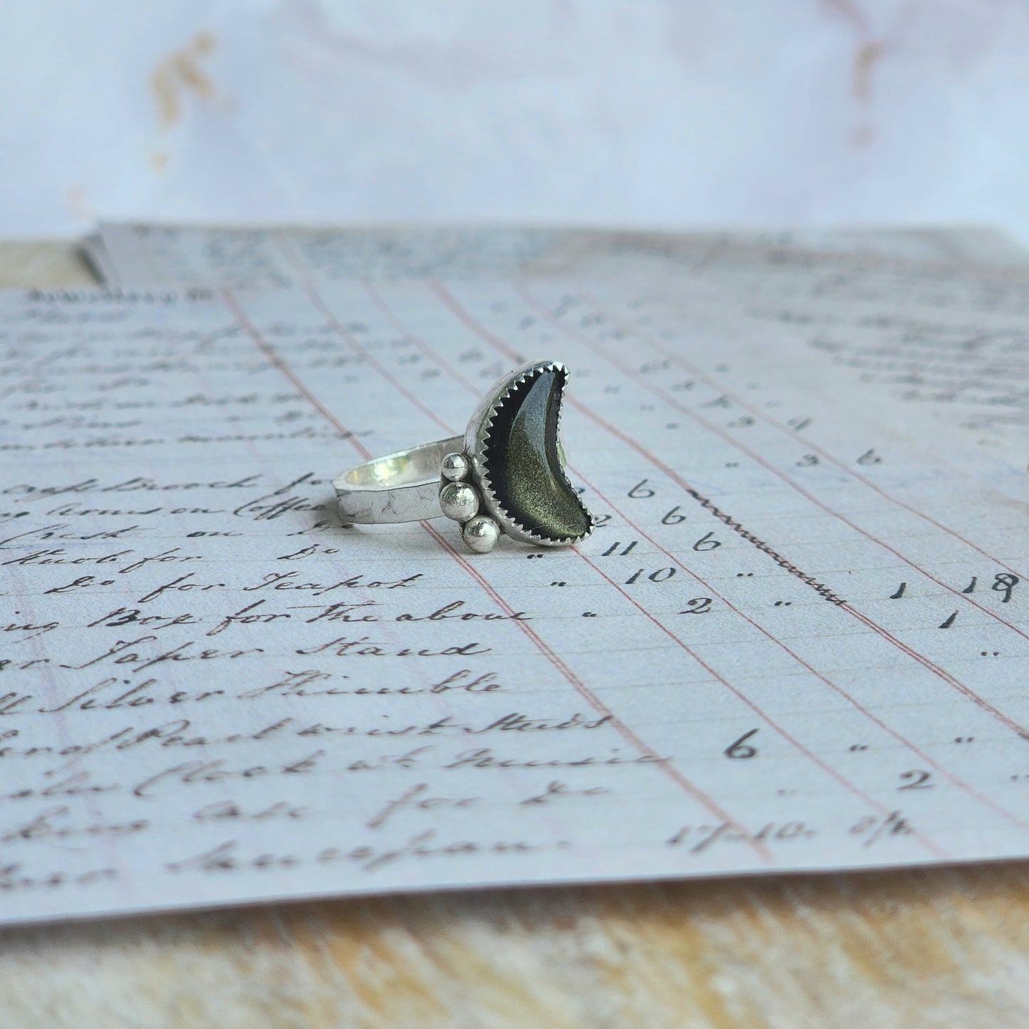 Golden Sheen Obsidian Moon Ring Size 8