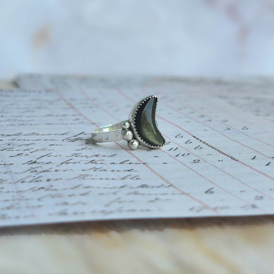 Golden Sheen Obsidian Moon Ring Size 8