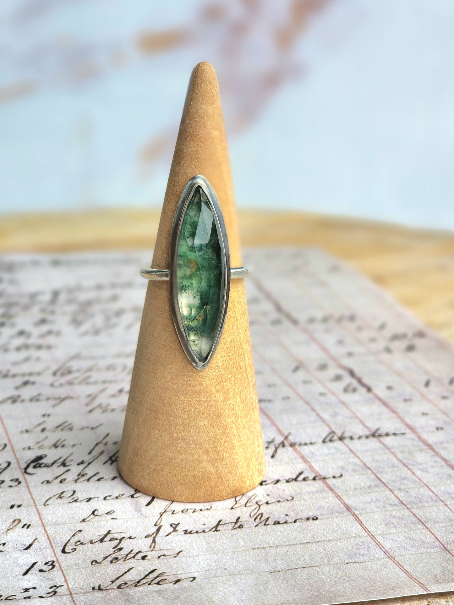 Moss Agate Spear Ring ~ Size 6.75