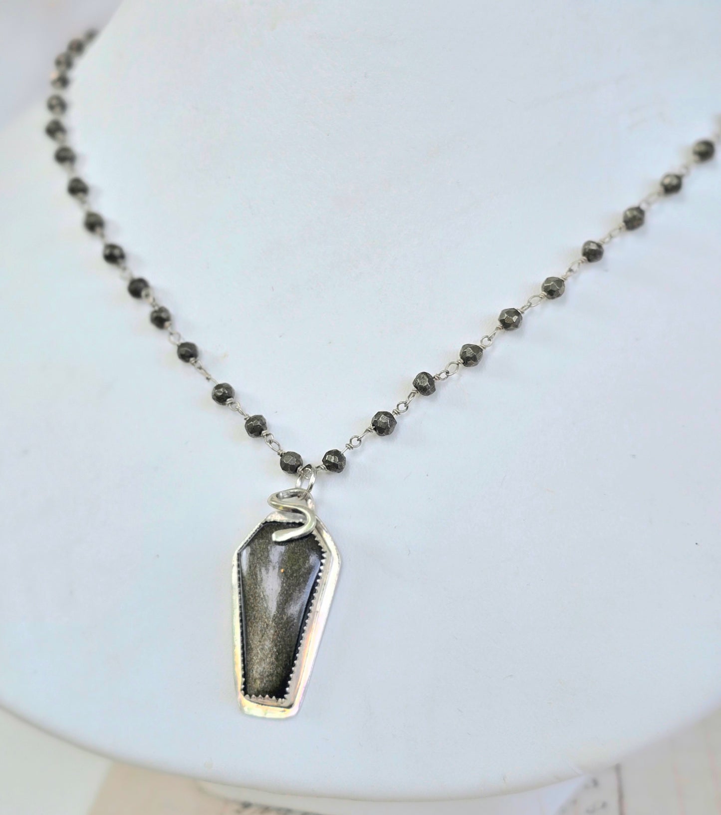 Silver Sheen Obsidian Coffin Necklace