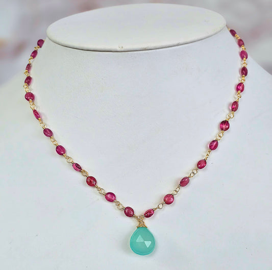 Pink Sapphire and Aqua Chalcedony Necklace
