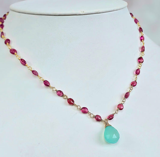 Pink Sapphire and Aqua Chalcedony Necklace
