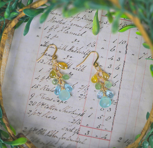 Aqua Chalcedony, Aquamarine, Tourmaline Chandelier Earrings