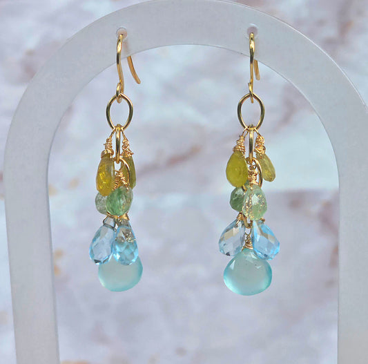 Aqua Chalcedony, Aquamarine, Tourmaline Chandelier Earrings