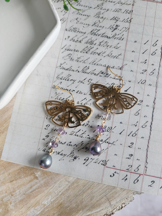Lunar Moth Earrings with Amethyst and Pearl