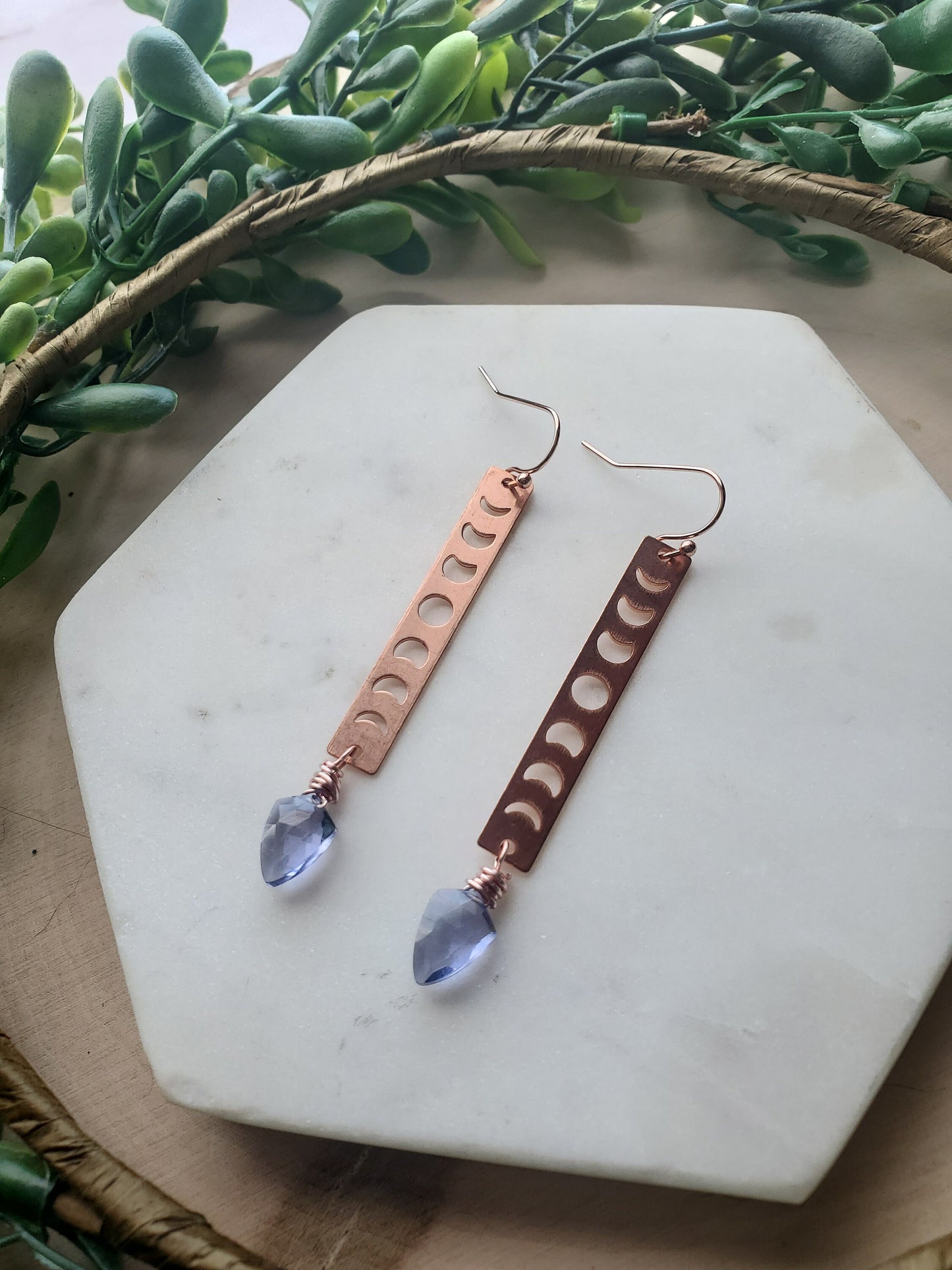 Copper Moon Phase Earrings with Tanzanite Quartz
