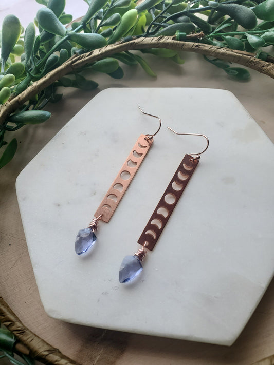 Copper Moon Phase Earrings with Tanzanite Quartz