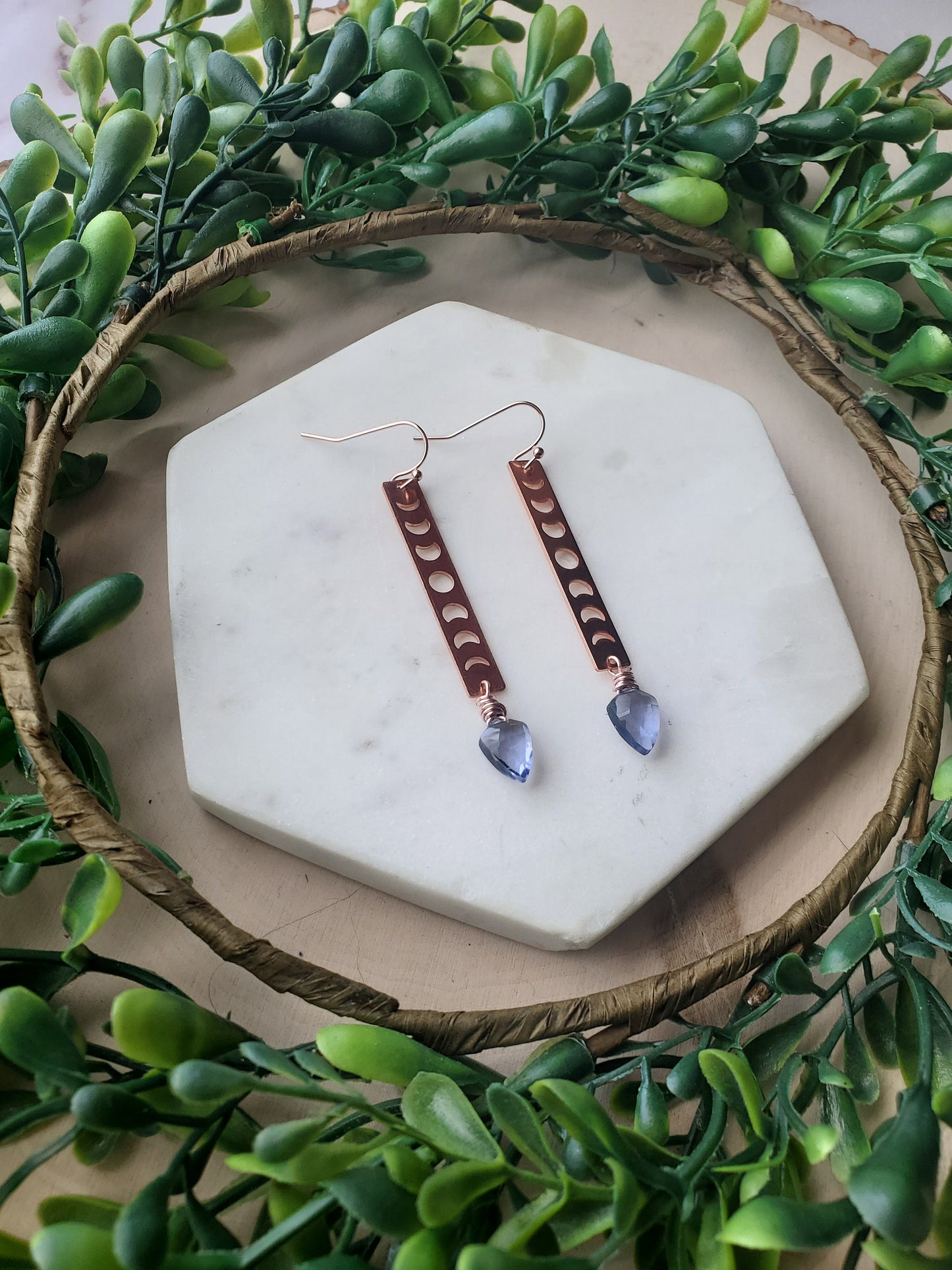 Copper Moon Phase Earrings with Tanzanite Quartz