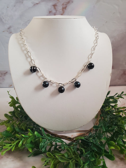 Silver Paperclip Chain Necklace with Navy Swarovski Pearls