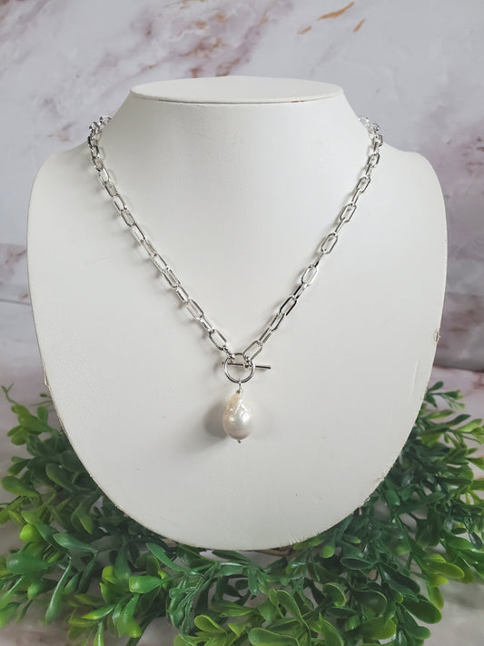 Paperclip Necklace with Baroque Pearl