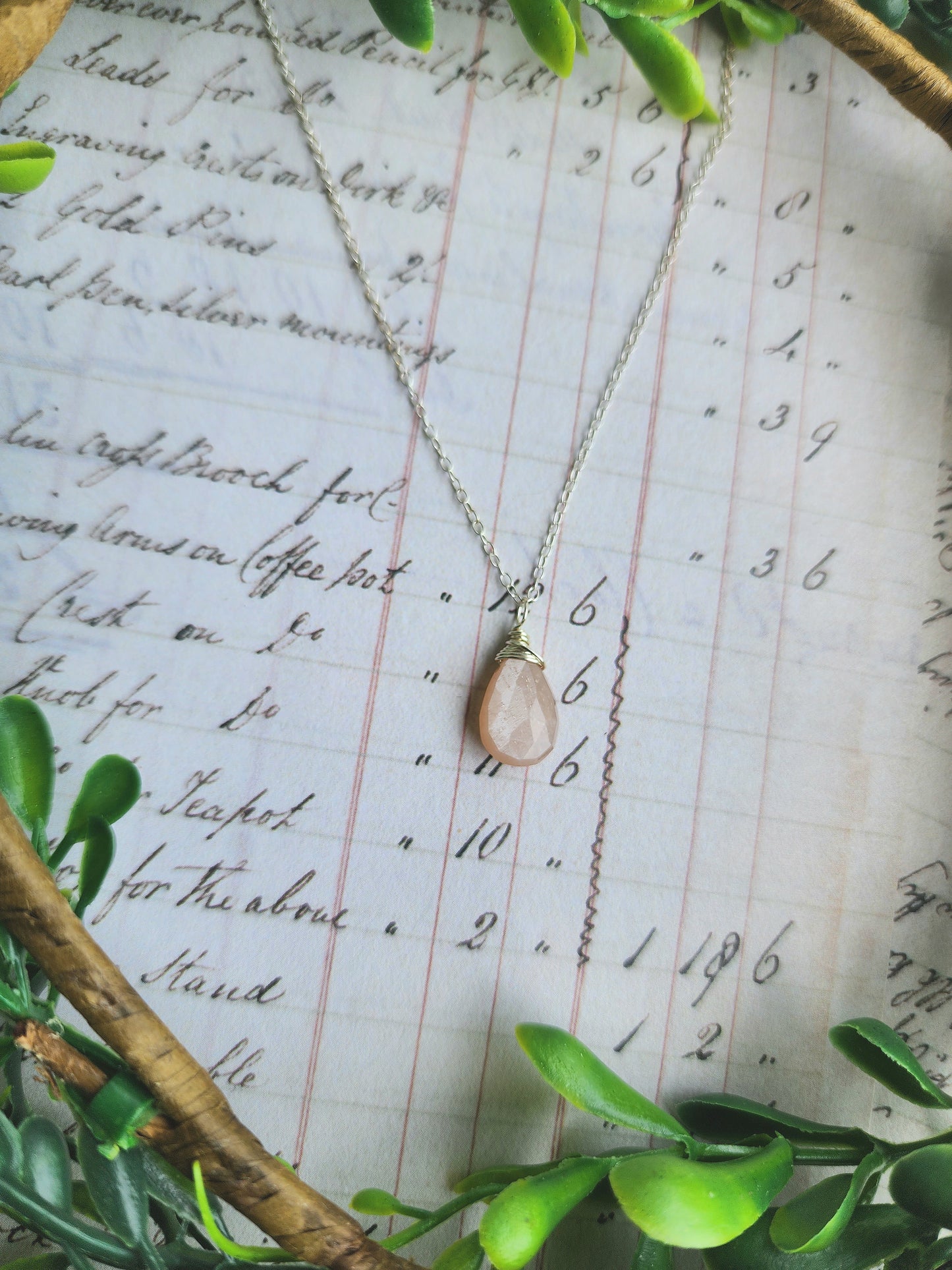 Peach Moonstone Necklace on Sterling Silver Chain