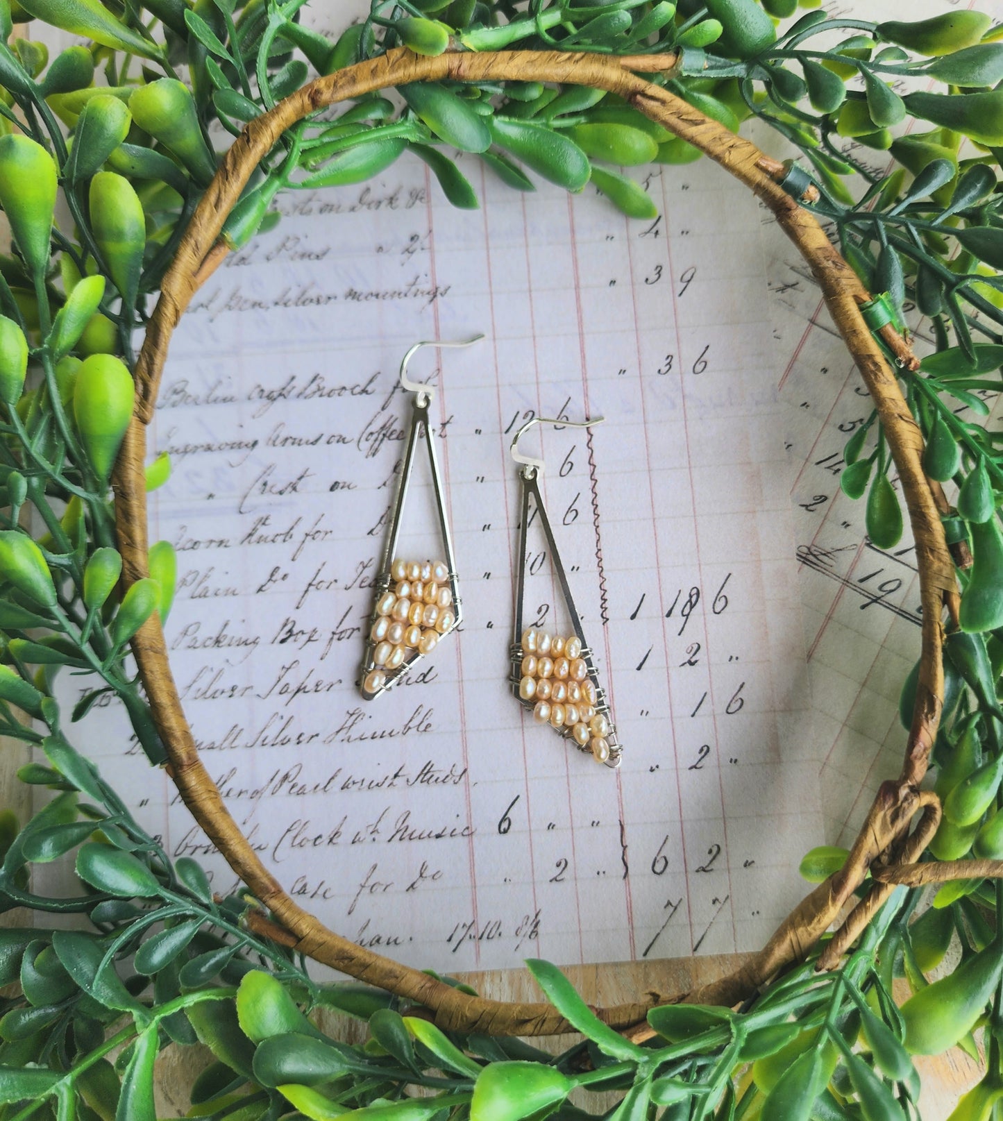 Triangle Drop Earrings with Freshwater Pearls