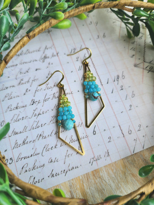 Triangle Earrings with Peridot and Neon Apatite