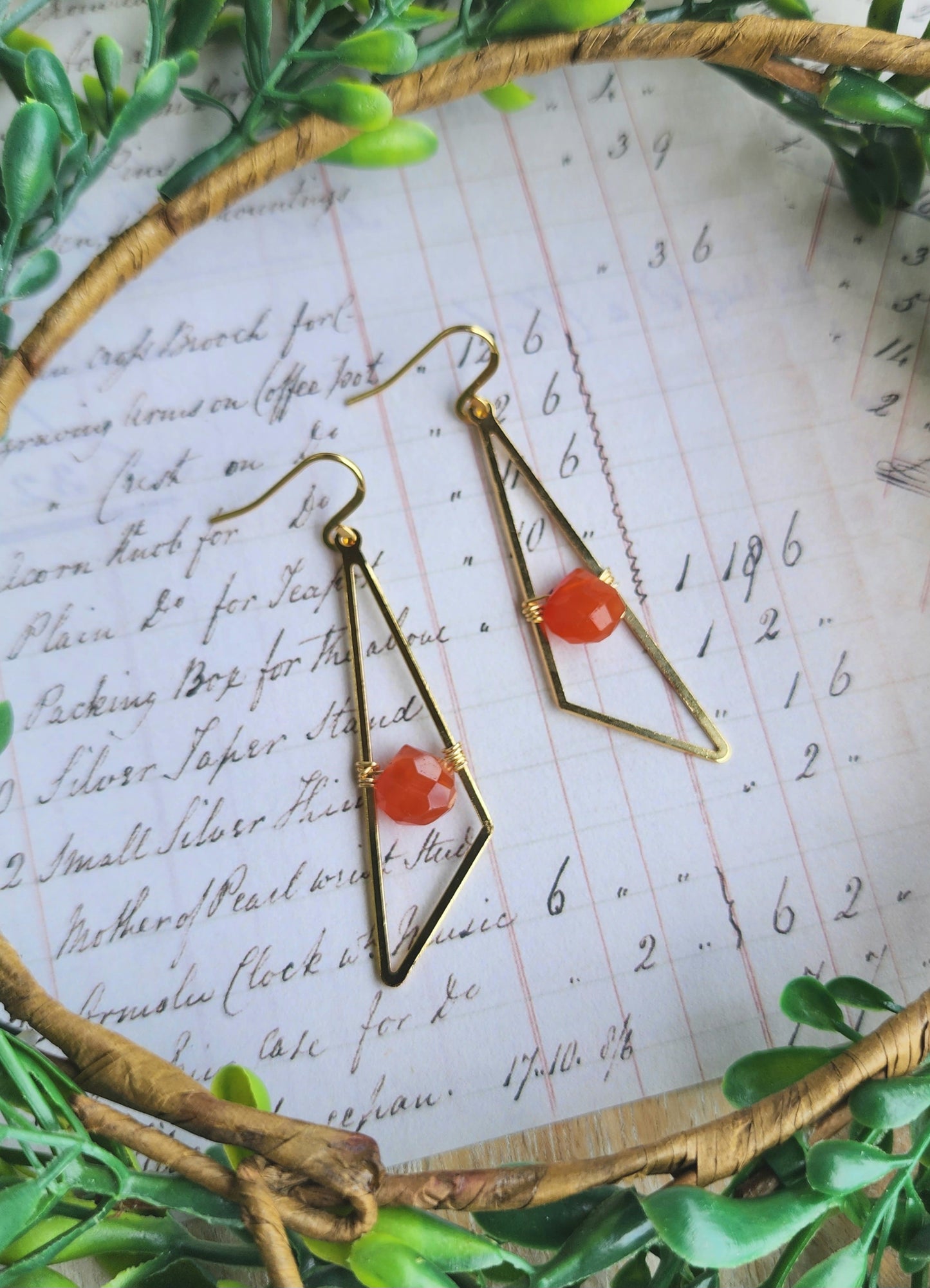 Triangle Drop Earrings with Carnelian Drops