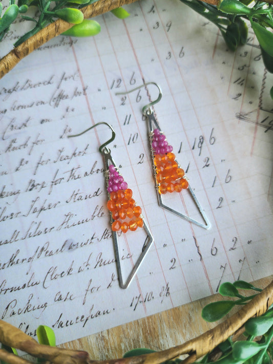 Triangle Drop Earrings with Pink Sapphire and Carnelian
