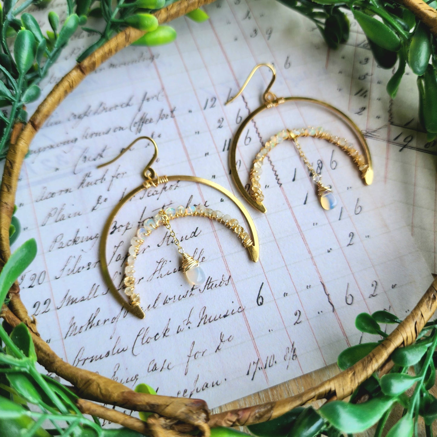 Opal and Moonstone Crescent Moon Earrings