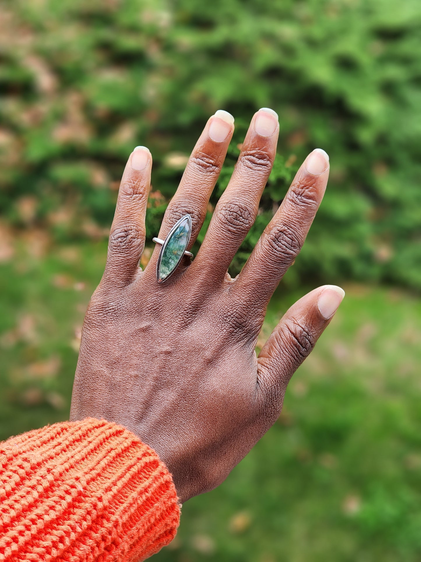 Moss Agate Spear Ring ~ Size 6.75