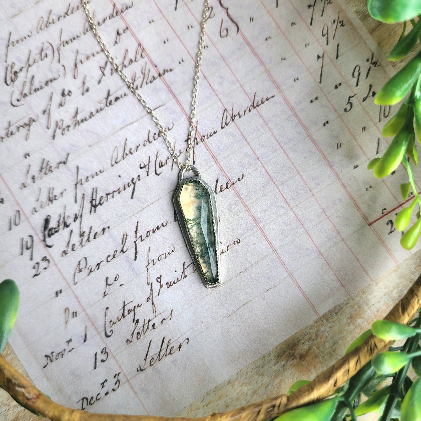 Moss Agate Coffin Necklace