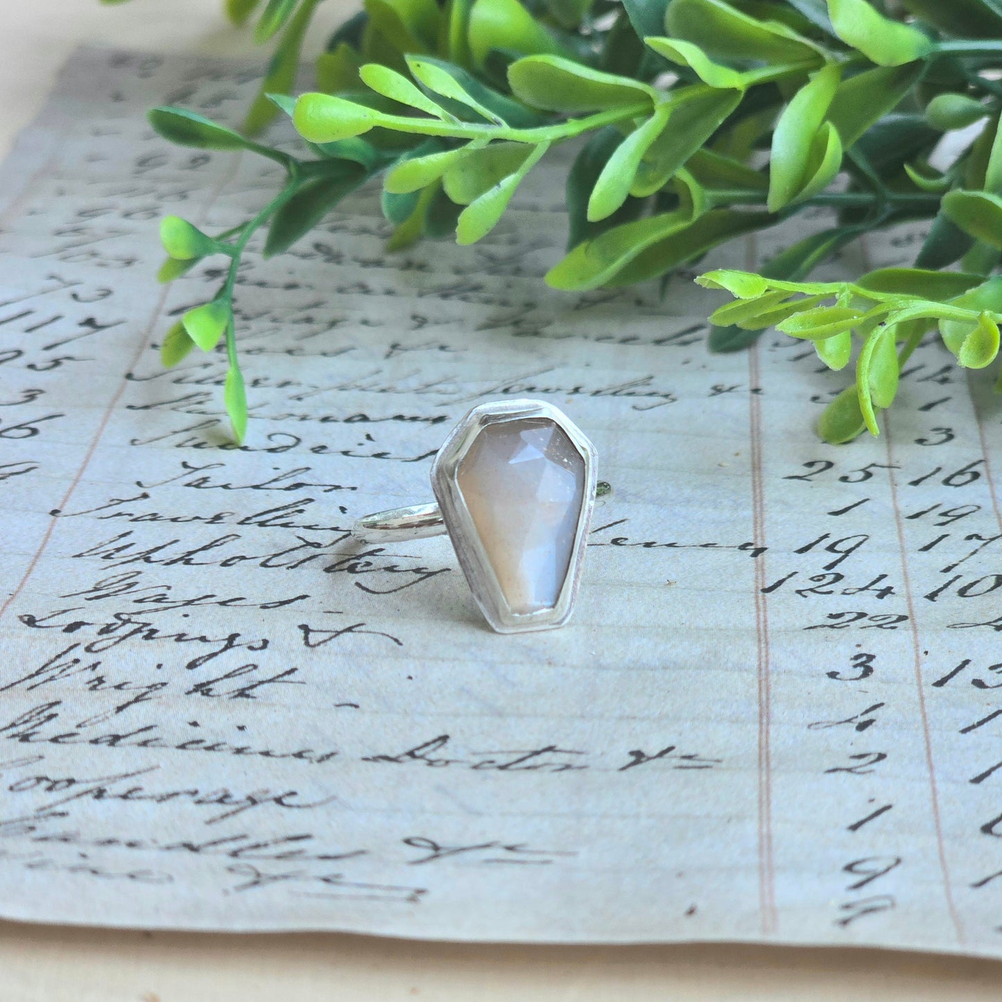 Grey Moonstone Coffin Ring (Size 9)