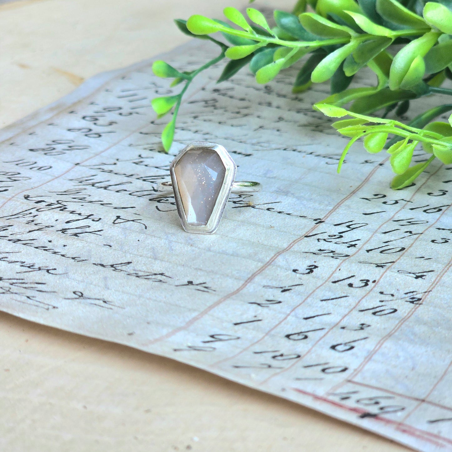 Grey Moonstone Coffin Ring (Size 9)