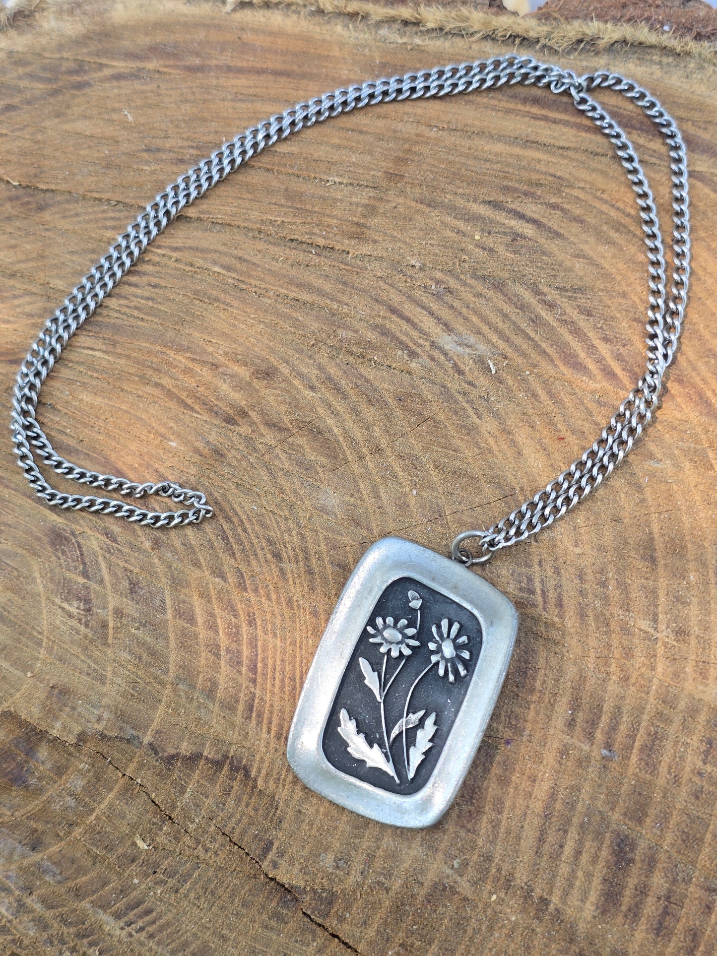 Vintage R. Tennesmed Sweden Pewter Pendant Flower Necklace