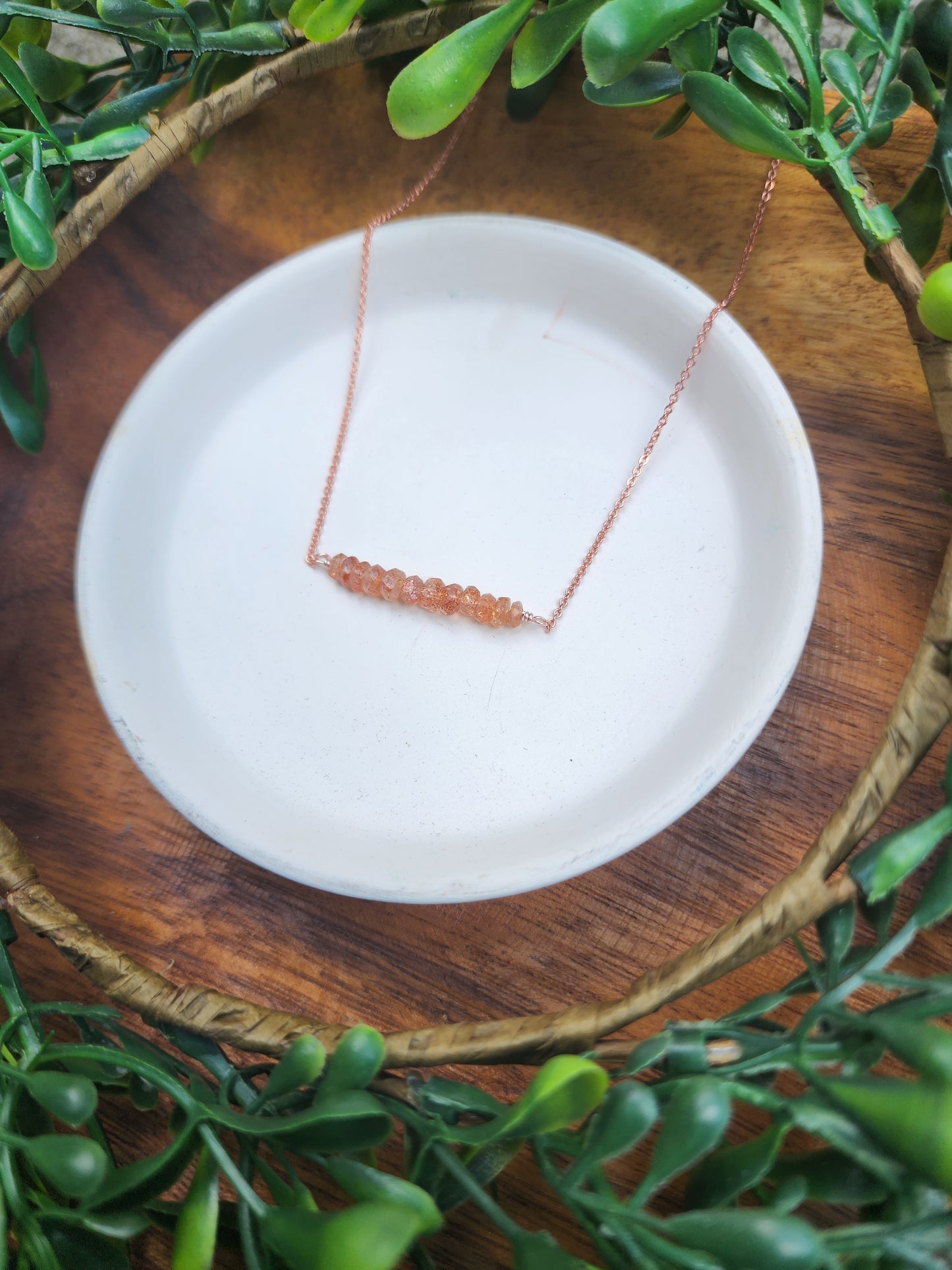Sunstone Bar Necklace on Rose Gold Plated Chain