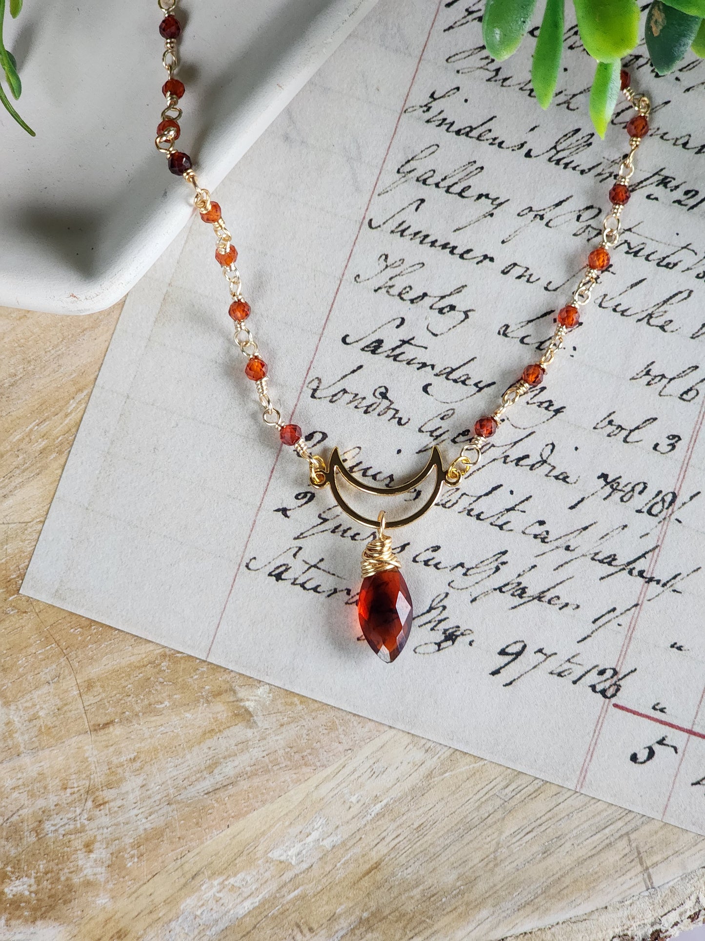 Hessonite Garnet Necklace with CZ Beaded Chain
