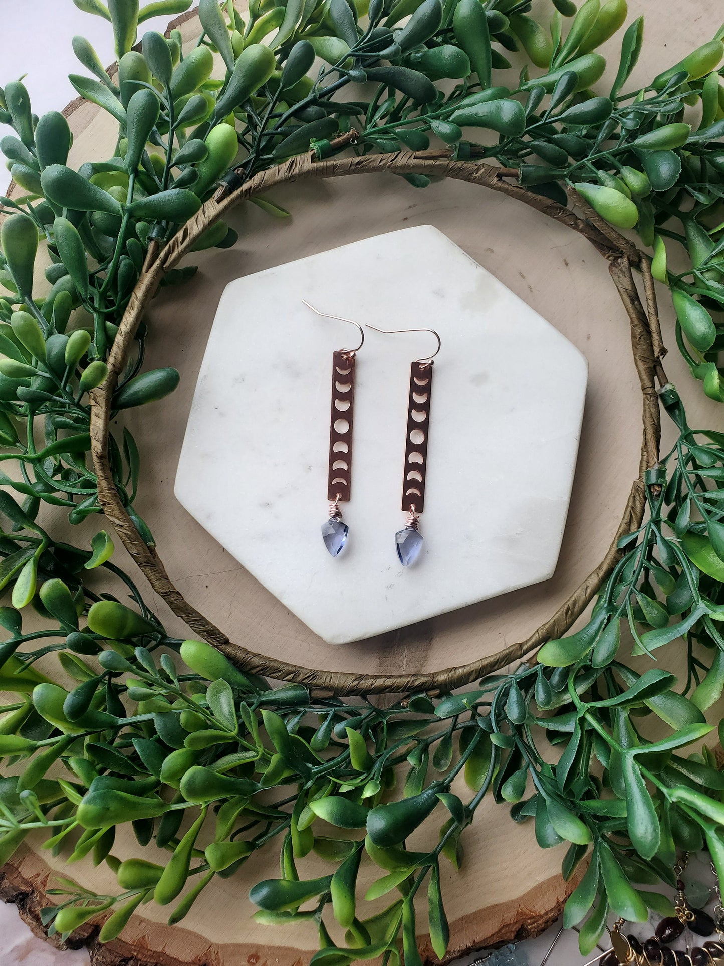 Copper Moon Phase Earrings with Tanzanite Quartz