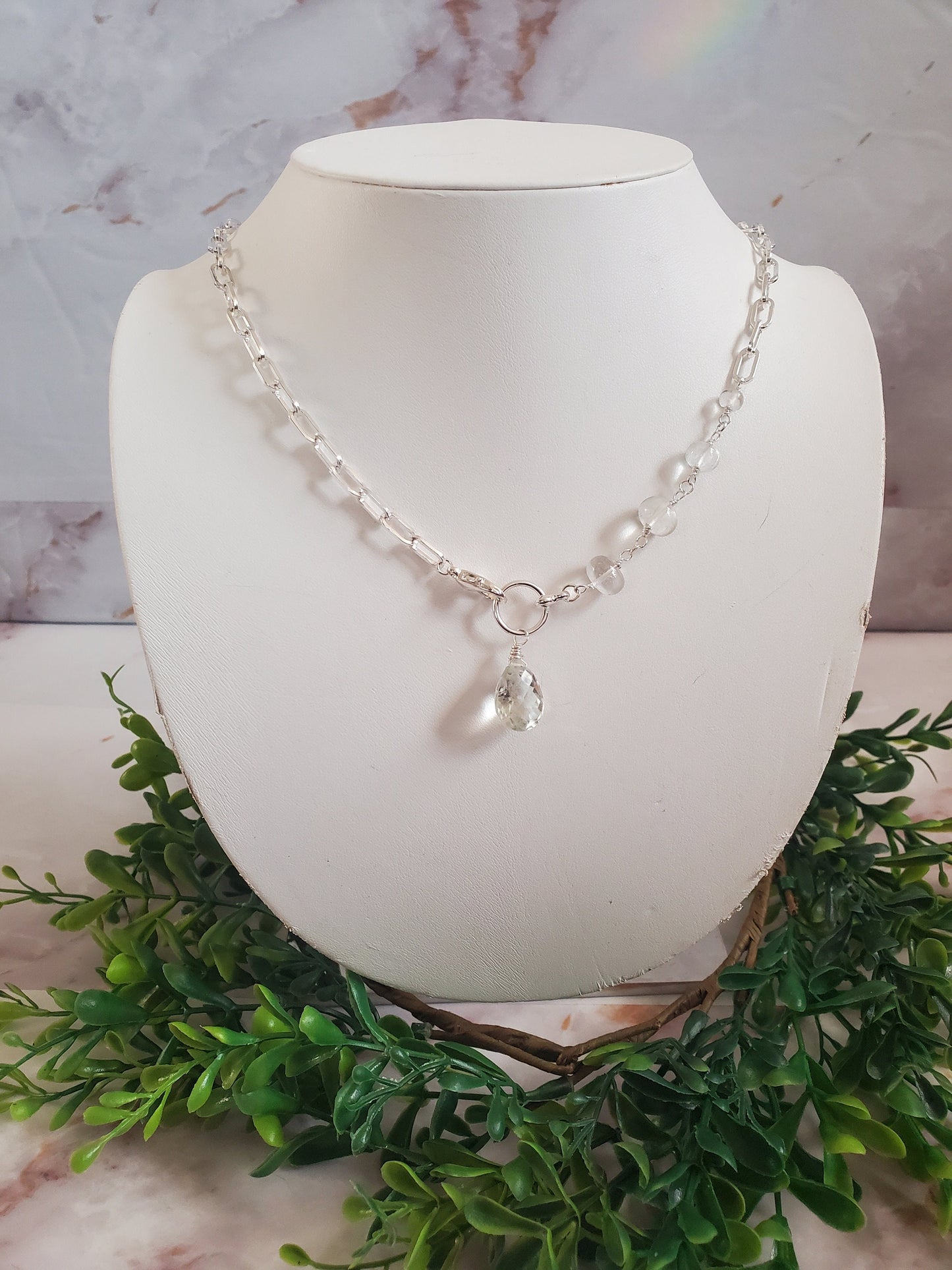 Silver Paperclip Chain Necklace with Green Amethyst