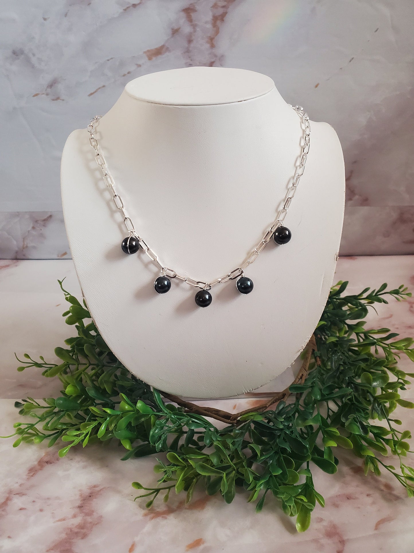 Silver Paperclip Chain Necklace with Navy Swarovski Pearls