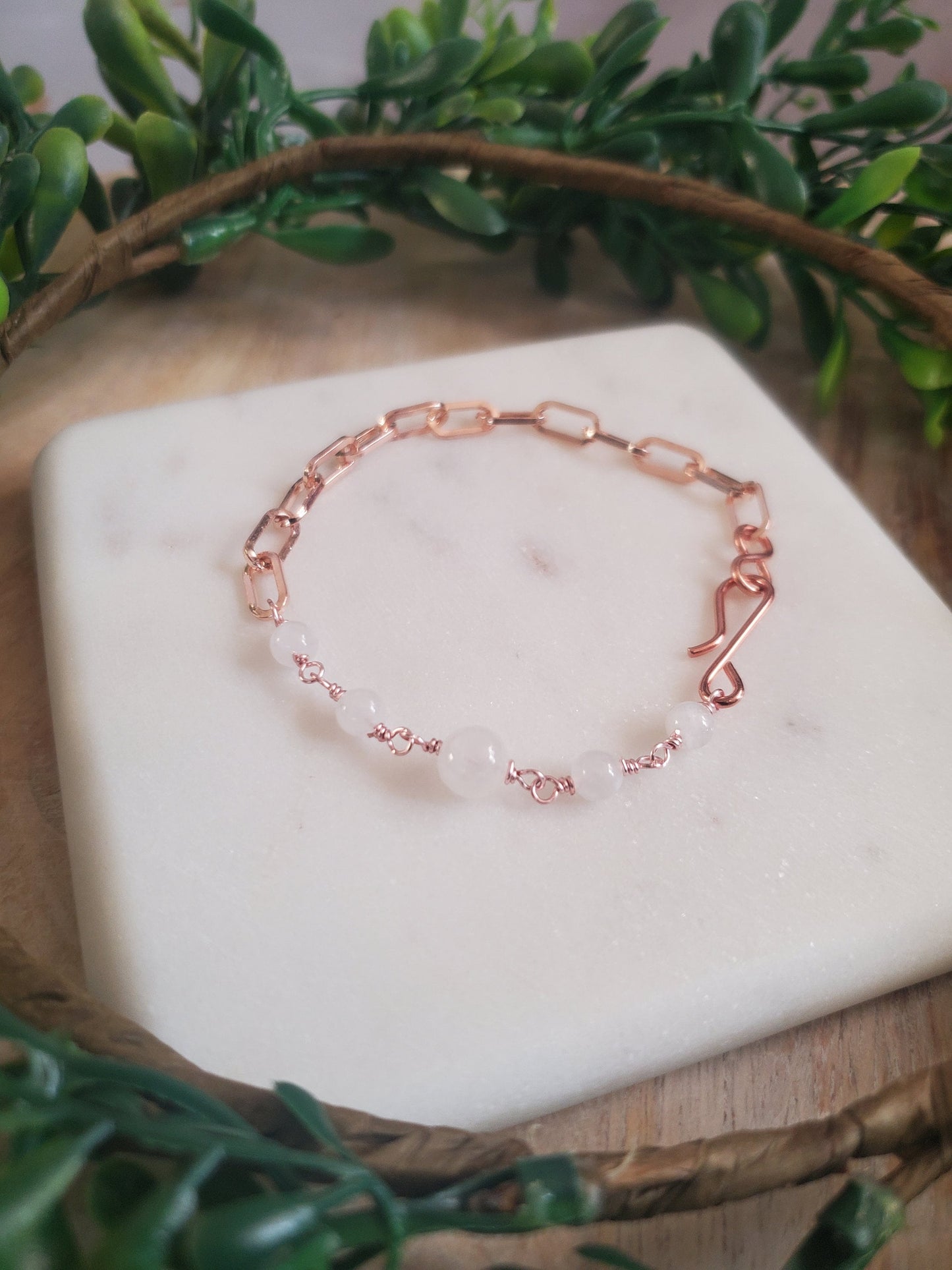 Rose Gold Paperclip Chain Bracelet with Moonstone
